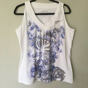 White tank, abstract blue and grey floral pattern